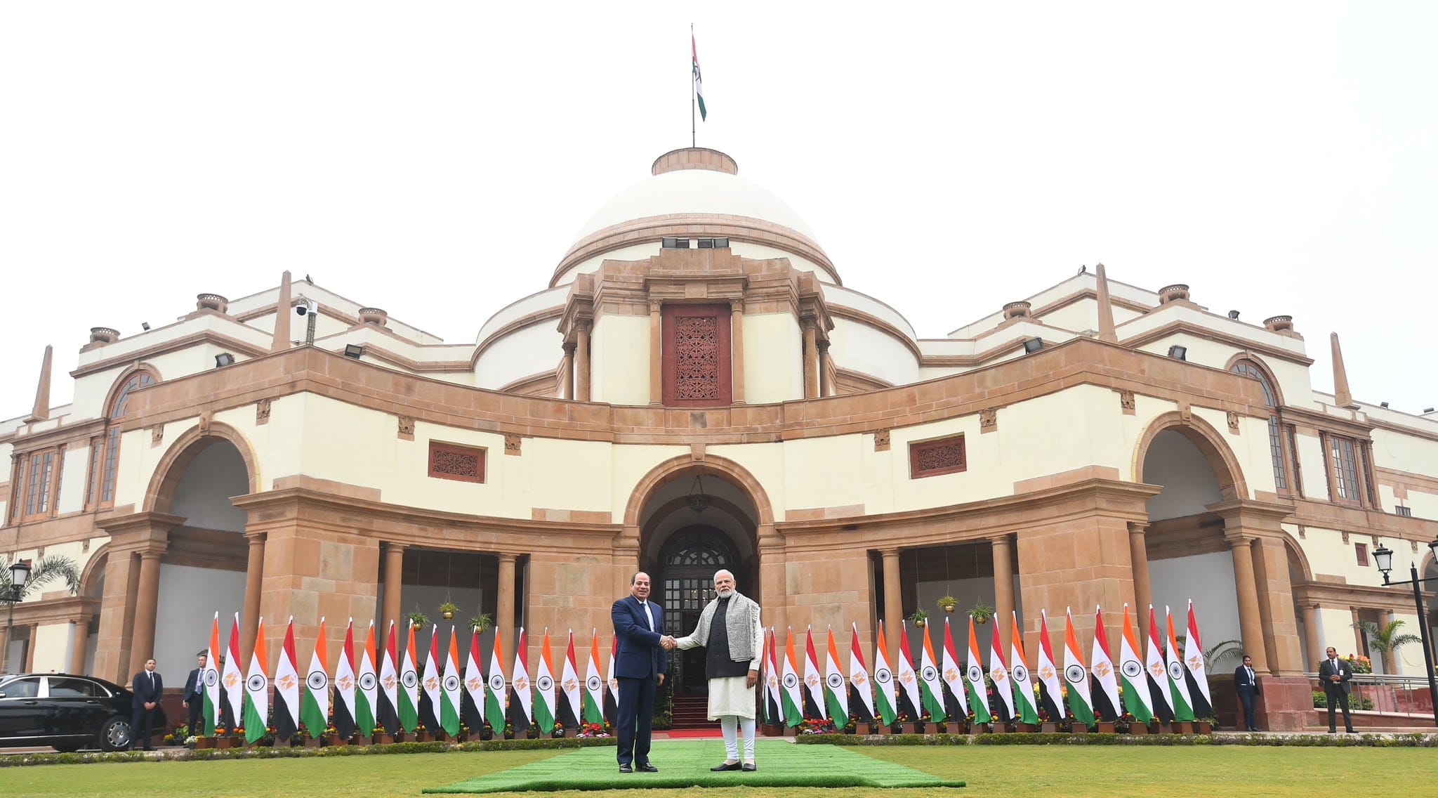 PM Narendra Modi welcomed President Abdel Fattah El-Sisi of Egypt at Hyderabad House for bilateral engagements. An extensive agenda covering the entire spectrum of India-Egypt ties are underway.